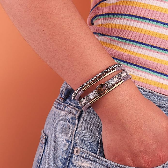 FANCY SHINY Leather Wrap Bracelets Crystal Beads Bracelet Boho Cuff Stone Charm Bracelets with Clasp Costume Jewelry for Women