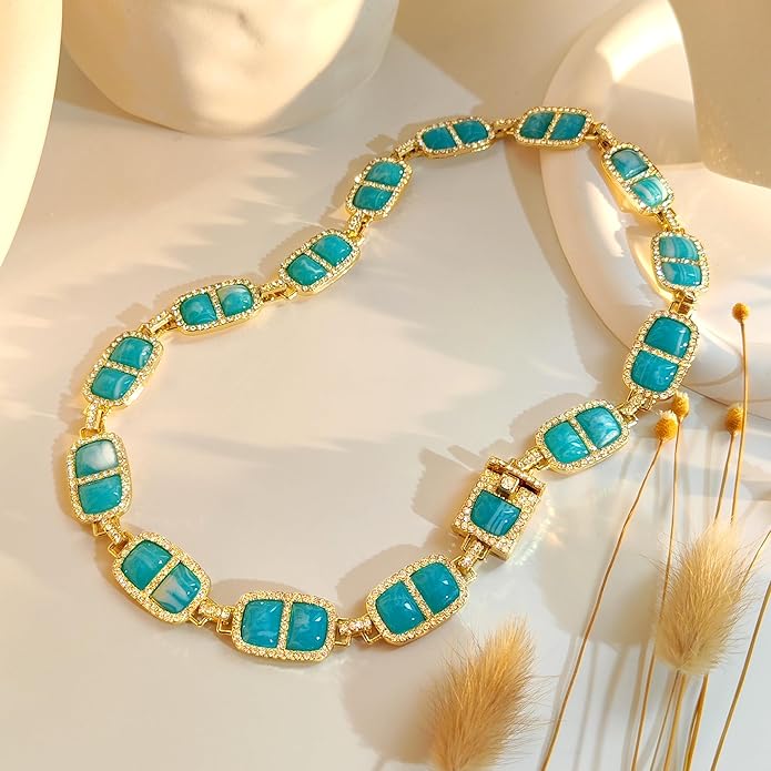 Chunky Necklace for Women 12 Colors Diamond Stone Gold Statement Necklace for Women Full Trendy Blue Birthstone Choker Necklace for Women Square Design Necklace Jewelry