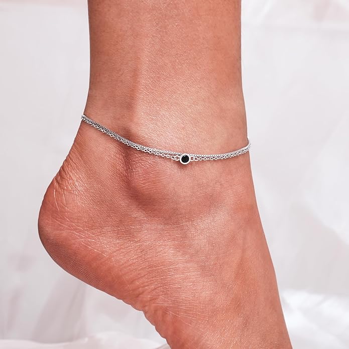 CHIC & ARTSY 925 Sterling Silver Ankle Bracelet Multilayer Anklets for Women Satellite, Star, Cross, Circle, Butterfly, Teardrop, Oval Disk Layered Anklet Beach Jewelry