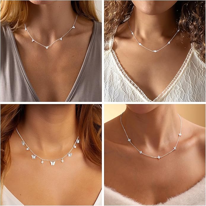 M MOOHAM Gold Clover Heart Pearl Butterfly Star flower Choker Necklace for Women - Dainty 14K Gold Plated Cubic Zirconia Cute Station Necklaces for Women Trendy Prom Jewelry Gifts