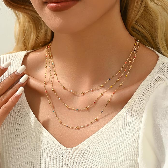 Gold Chain Necklace for Women Dainty 18K Gold Plated Thin Satellite Beaded Turquoise Necklace Simple Gold Boho Jewelry