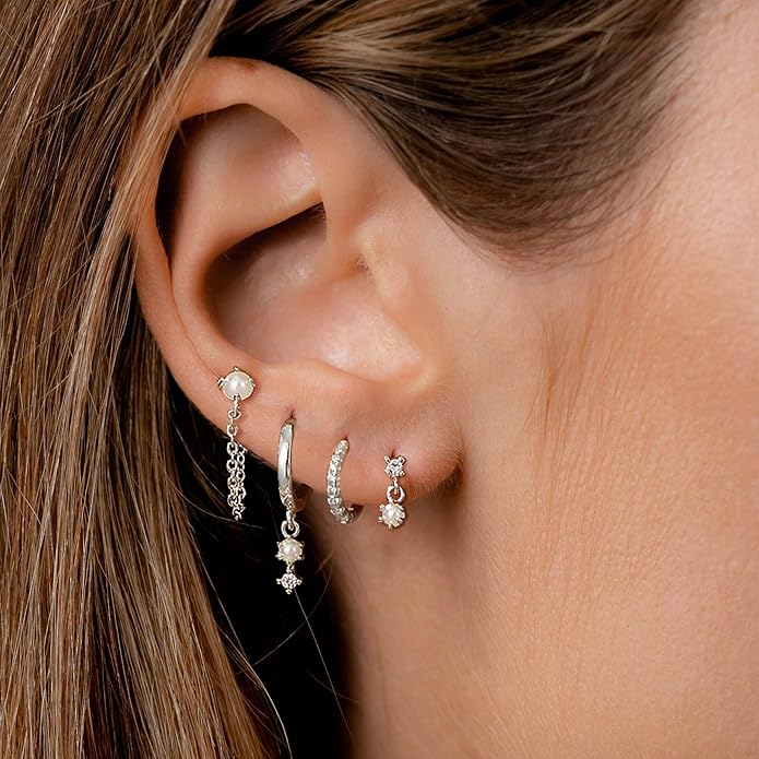Gold Plated Earrings for Women, 14k Gold Plated Earring Stack Hypoallergenic Pearl Drop Earring Dainty Earrings for Women Trendy Cute Small Huggie Hoop Earring Fashion Womens Jewelry