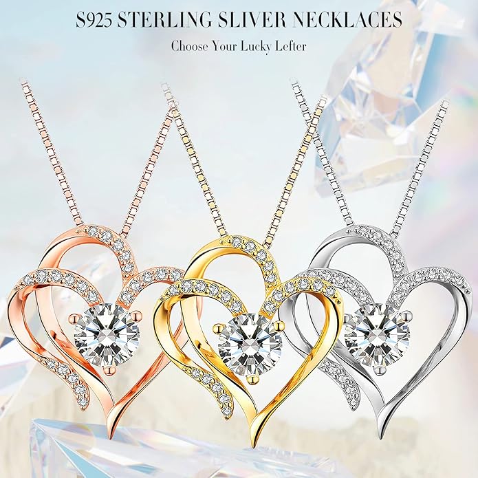 Double Heart Birthstone Necklace for Women - 925 Sterling Silver Adjustable Chain, 12-Month Cubic Zirconia Pendant, Gift for Wife/Girlfriend/Mom (Anniversary, Valentine's Day, Christmas)