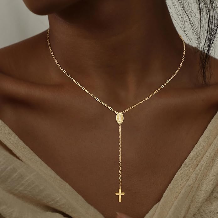 CHESKY Lariat Gold Necklace for Women Trendy, Dainty Long Necklace 14k Gold Plated/Silver Y-Shaped Pendant Necklace Layered Cz Beaded Chain Drop Necklaces Simple Gold Jewelry For Women Gift