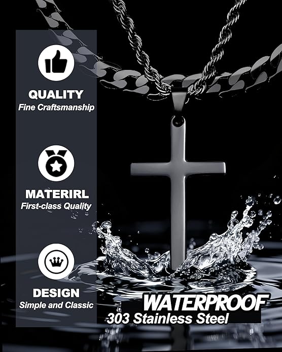 TEN MIRO Silver/Black Cross Necklace for Men Boy Stainless Steel Cross Pendant Necklace for Men Christian Religious Jewelry with Box & Card Birthday Anniversary Christmas Father's Day Gifts for Him