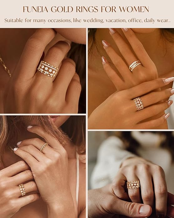 FUNEIA Stackable Silver Gold Rings for Women Non Tarnish 14K Gold Plated Thumb Cubic Zirconia Rings for Women Dainty Pinky Promise Wedding Ring Set Women's Engagement Eternity Band Rings Gold Jewelry