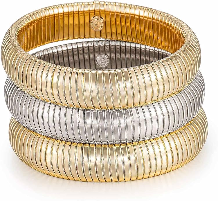 Ettika Gold Bangles For Women. Chunky Gold Bracelets, Set of Womens Bracelets. 3Pcs Flex Snake Chain Stretch Gold Tone Or Rhodium Plated Bangles