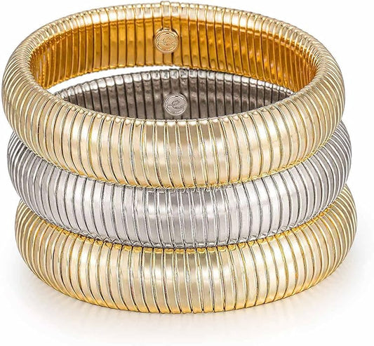 Ettika Gold Bangles For Women. Chunky Gold Bracelets, Set of Womens Bracelets. 3Pcs Flex Snake Chain Stretch Gold Tone Or Rhodium Plated Bangles