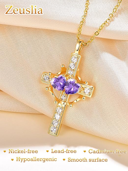 Zeuslia Double Birthstone Necklace Gifts for Wife - 925 Sterling Silver Sunflower/Rose/Crown Cross/Compass/Heart Pendant I Love You Necklace, Anniversary Birthday Gifts for Wife Girlfriend Mom Her