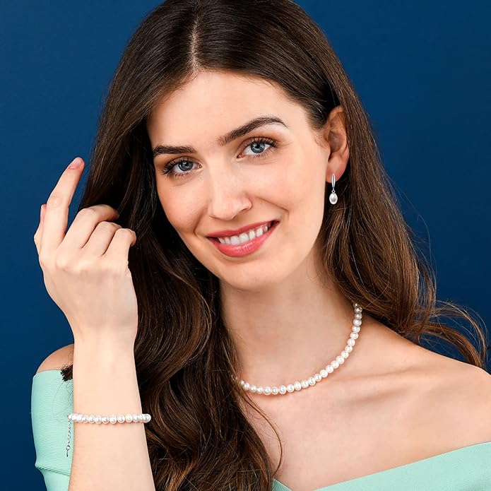 Freshwater Pearl Necklaces Set for Women Includes White Silver Pearl Bracelet and Pearl Diamond Stud Earrings Jewelry Set for Women Men Mother Wife Girlfriend Birthday Wedding Christmas Gifts