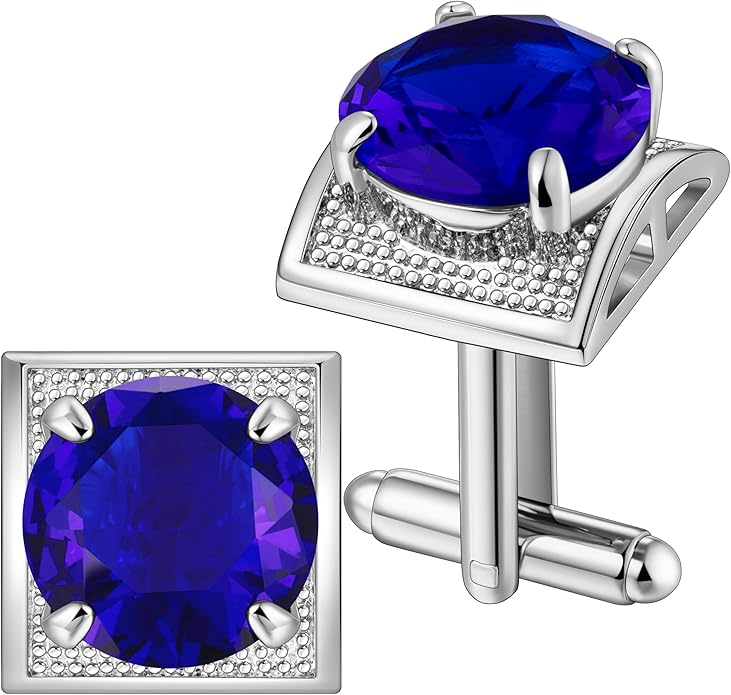 HAWSON Large Silver Birthstone Cuff Links Mens, Colorful Gem Cufflinks for Shirt Suit Accessories, Birthday Anniversary Wedding Gifts for Groommens Husband Father