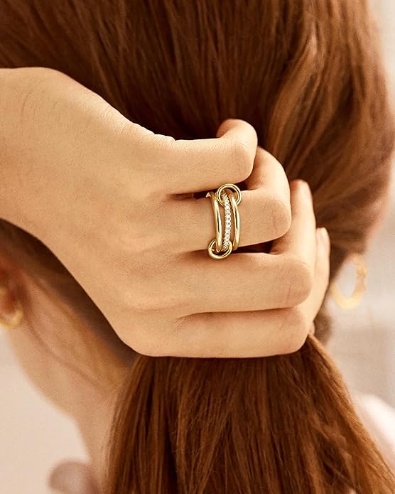 Gold Stackable Rings for Women, Non Tarnish 14K Gold Plated Cubic Zirconia Mixed Metals Stacking Connected Rings Set Jewelry Gifts