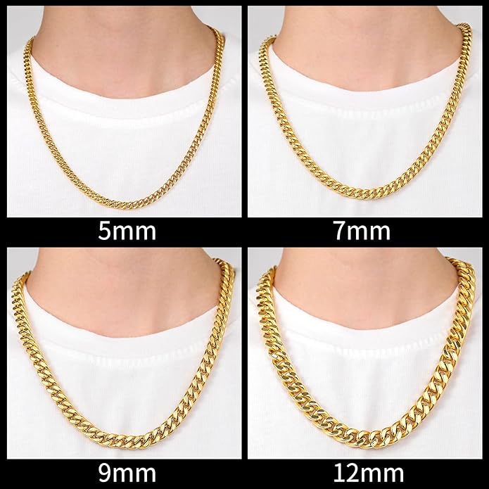 ChainsHouse Stainless Steel Mens Cuban Link Chain, Black/ 18K Gold Plated Miami Cuban Chain Necklace, 5mm/7mm/9mm/12mm/14mm Width, No Tarnish& Durable Hip Hop Mens Jewelry, 18"-30", Send Gift Box