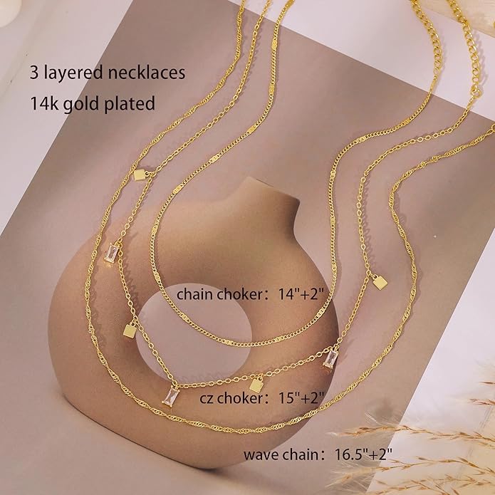 Layered Necklaces for Women, Dainty Gold Necklace Stack 14k Gold Plated Layering Cubic Zirconia Choker Necklaces for Women Trendy Simple Layered Gold Necklace Set Fashion Jewelry