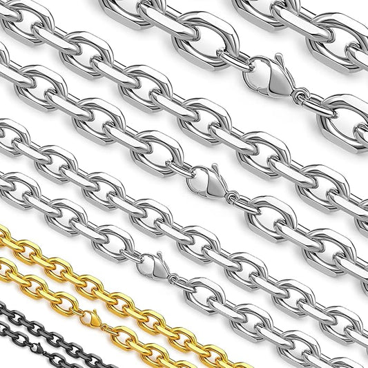 Hoyazvet Cable Chain Stainless Steel Necklace for Men Women, 3/5/8/10/13MM Width, 18K Gold Plated/Black Metal/316L Stainless Steel Sturdy Rolo Link Chain Necklace, 18-30inch Length