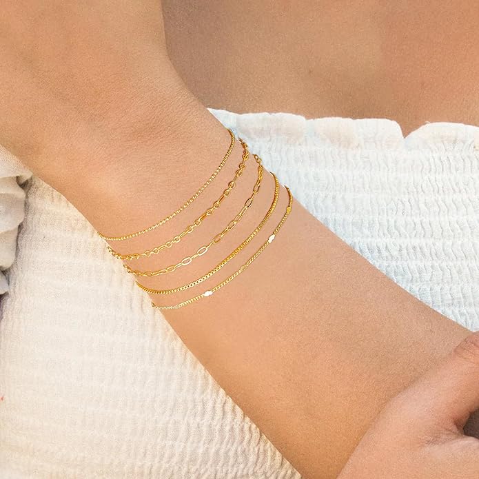 Gold Bracelets for Women Trendy,14K Gold Plated Dainty Stackable Paperclip Cuban Link Chain Bracelets, Simple Cute Cuff Bracelets Jewelry Set Adjustable 7"+2"