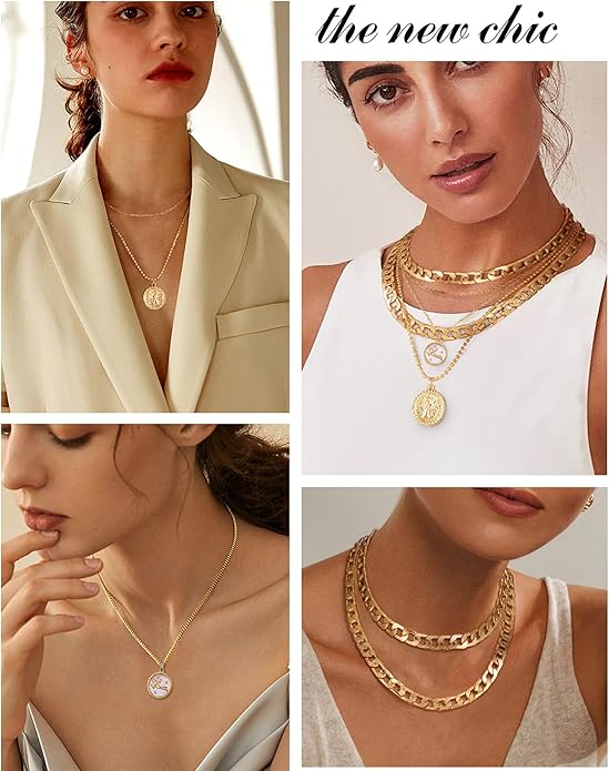 MJartoria Layered Necklaces for Women Trendy Retro Coin Pendant Necklace Dainty Chunky Chain Choker Necklaces for Jewelry Birthday Gifts