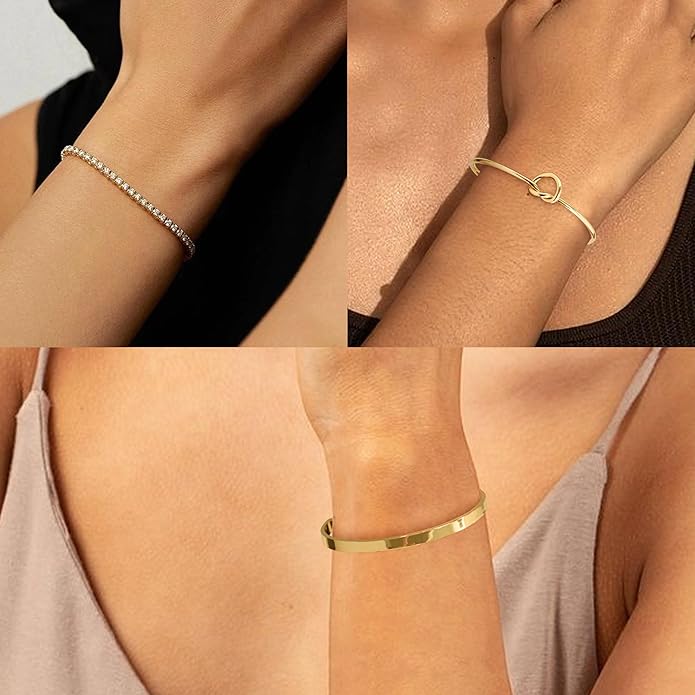 Reoxvo Gold Plated Bangle Cuff Bracelets for Women Non Tarnish Gold Bracelet Stack Jewelry Set for Women Trendy