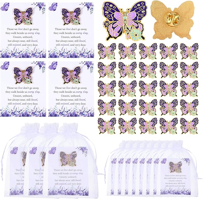MveLwodx Funeral Favors for Guest Celebration of Life Favors Butterfly Pins Brooches Organza Bags Thank You Cards for Memorial Party Supplies Guest Family Friends Return Favors Funeral Gifts