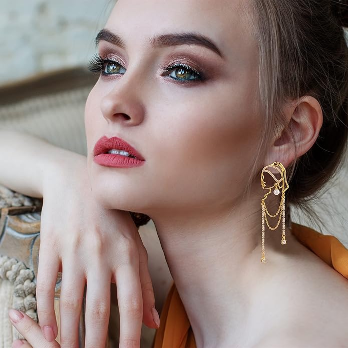 Unique Abstract Face Art | Dangle Statement Long Earrings for Women | Rhinestone Tassel Handmade Chandelier Earrings