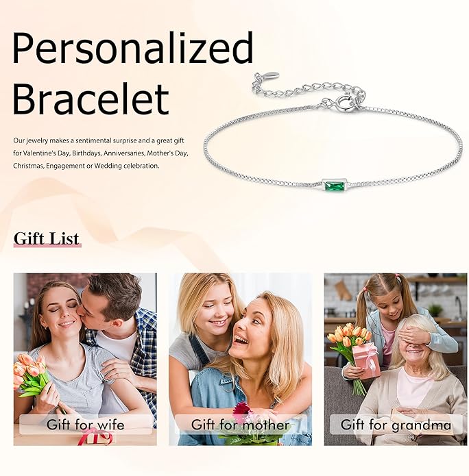 925 Sterling Silver Personalized Mom Birthstone Bracelets for Women — Custom Adjustable Dainty Jewelry for Mother’s Day, Birthday, Christmas Gifts for Mom Grandma Wife