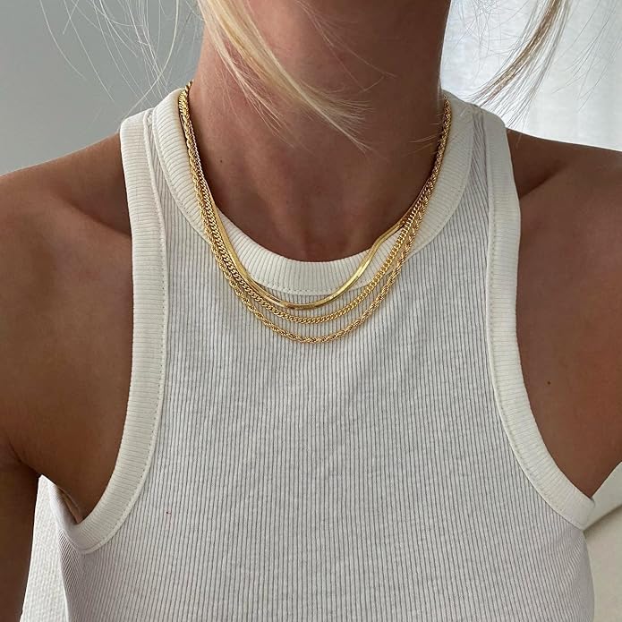 DEARMAY 14K Gold Plated Necklaces for Women, Dainty Gold Herringbone Choker Necklace Thin Layered Snake Chain Jewelry for Gifts