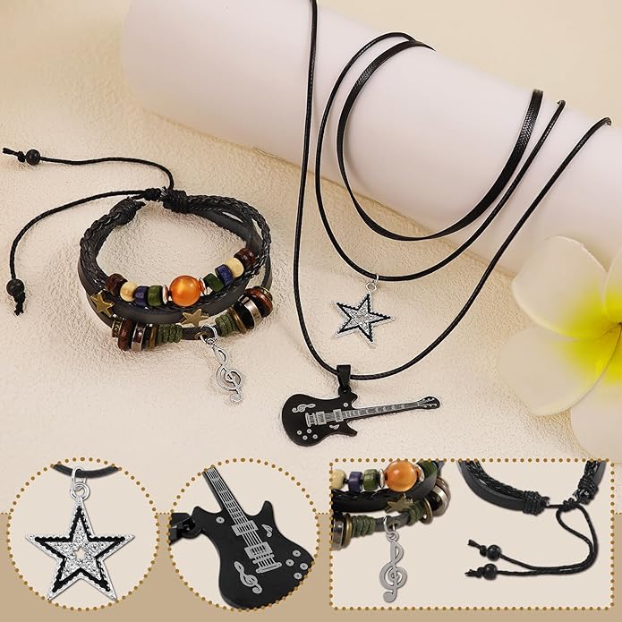 Multilayer Y2k Star Necklace Fairy Grunge Bracelets Set Handmade Fairycore Grunge Jewelry Gothic Swirl Star Necklace Punk Rock Roll Music Guitar Grunge Accessories for Women Men
