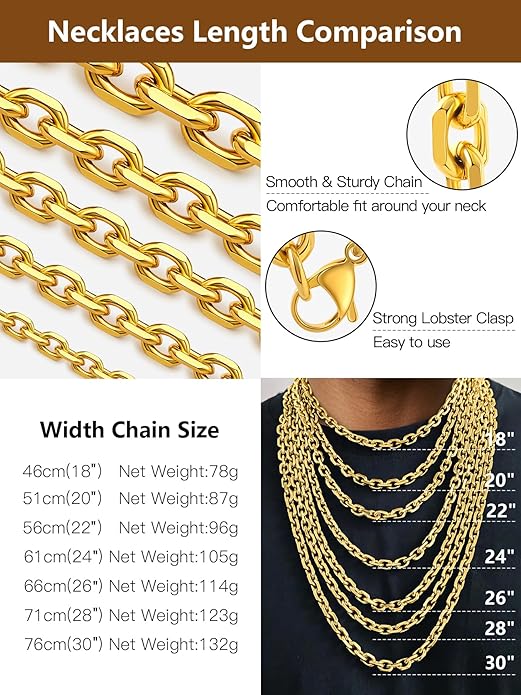 Hoyazvet Cable Chain Stainless Steel Necklace for Men Women, 3/5/8/10/13MM Width, 18K Gold Plated/Black Metal/316L Stainless Steel Sturdy Rolo Link Chain Necklace, 18-30inch Length