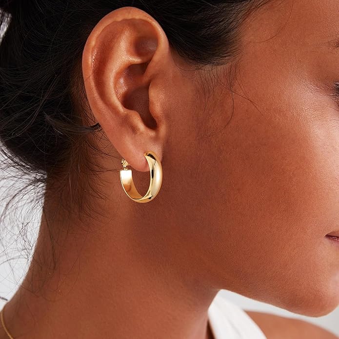 Gacimy 14K Gold Plated Hoop Earrings for Women, 14k Real Gold Plated with 925 Sterling Silver Post, Hypoallergenic Lightweight Thick Hoops Earrings for Women Trendy