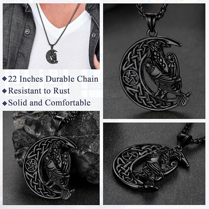 FaithHeart Viking Raven Necklace for Men, Norse Mythology Raven Skull Pendant Sturdy Stainless Steel Amulet Jewelry Gift for Men