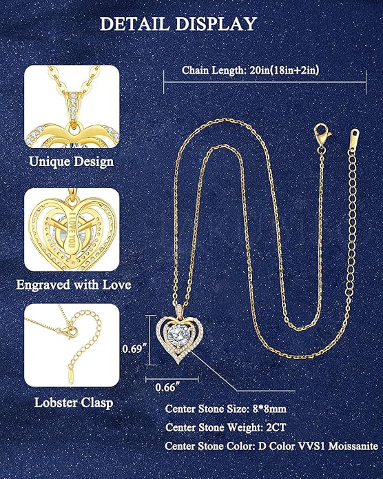 Moissanite Heart Necklace for Women, 1-2 Carat Moissanite Necklace Engraved with 'I LOVE YOU', Anniversary Birthday Gifts for Women,Mom, Girlfriend, Jewelry Gifts for Christmas Valentine's Day