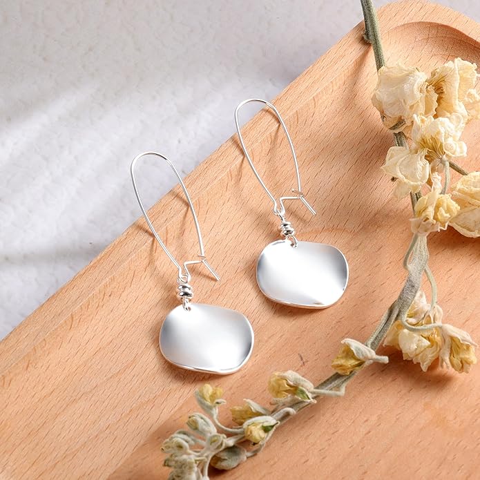 14K Gold Dangle Earrings for Women，Lightweight Circle Disc Coin Geometric Flat Brushed Drop Earrings, Hypoallergenic Leverback Earrings S925 Jewelry