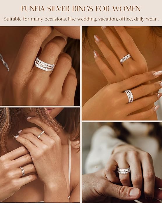 FUNEIA Stackable Silver Gold Rings for Women Non Tarnish 14K Gold Plated Thumb Cubic Zirconia Rings for Women Dainty Pinky Promise Wedding Ring Set Women's Engagement Eternity Band Rings Gold Jewelry