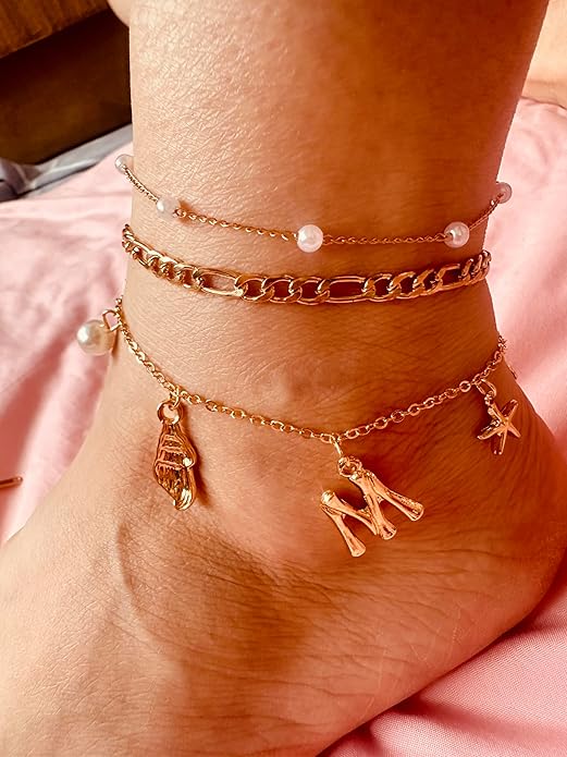 Initial Charm Anklets For Women Shell Letter Anklets Set Gold Charms Pendant Boho Summer Seashell Beach 14k Jewelry for Women Gift
