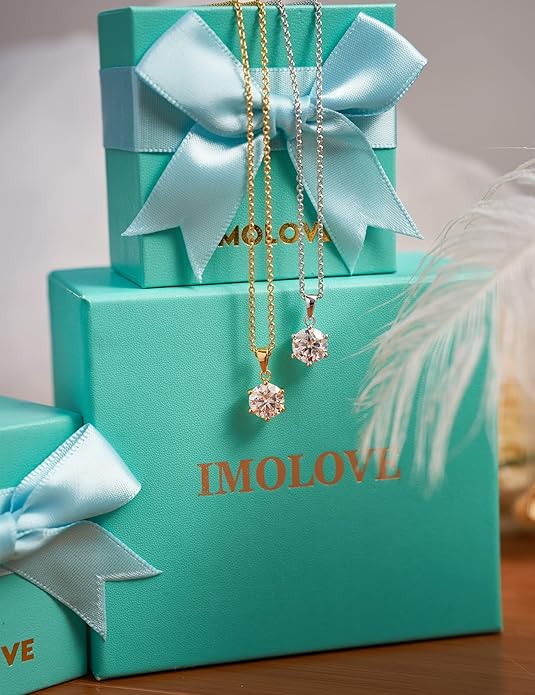IMOLOVE Moissanite Solitaire Pendant Necklaces for Women Sterling Silver with 18K White Gold Plated 1-3 Carat D Color VVS1 Clarity Mossanite Jewelry for Women