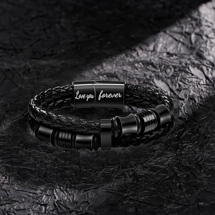 𝐆𝐢𝐟𝐭 𝐟𝐨𝐫 𝐌𝐞𝐧 Braided 𝐋𝐞𝐚𝐭𝐡𝐞𝐫 𝐁𝐫𝐚𝐜𝐞𝐥𝐞𝐭 for Men Dad Husband Boyfriend Son Grandson Brother Stainless Steel Clasp Engraved with Love You Forever Jewelry Birthday Gift 7.5 8.5 9 Inch