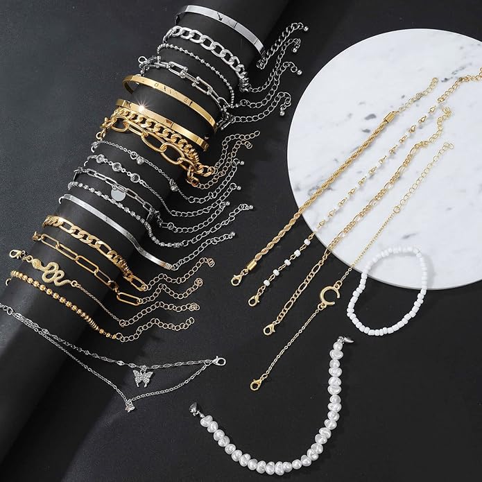 17IF 18-25 PCS(6 Pack) Boho Gold Bracelets Set for Women Stackable Chunky Dainty Bangles Adjustable Chain Flat Cuff Cuban Punk Charm Bundle Jewelry