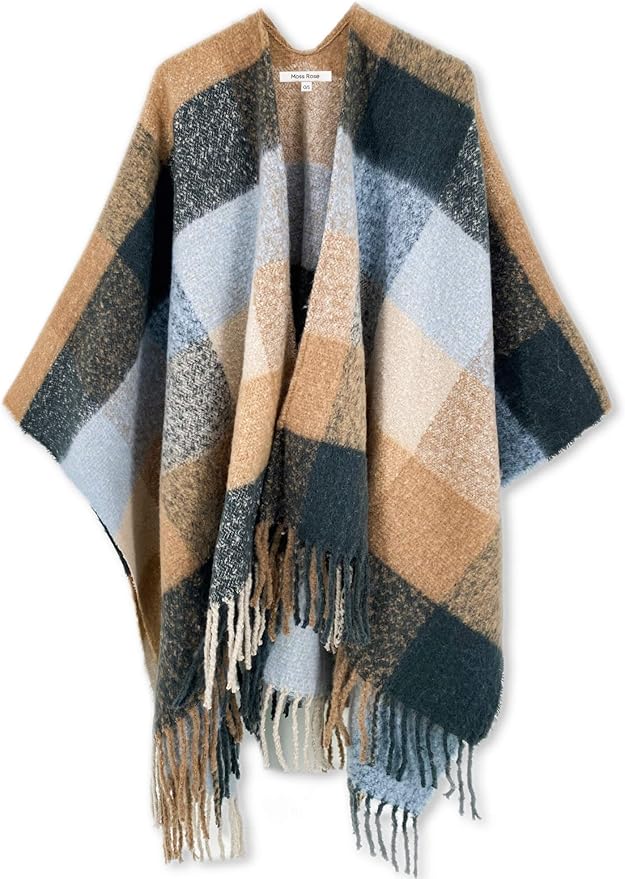 Moss Rose Women's Travel Plaid Shawl Wrap Open Front Poncho Cape for Fall Winter
