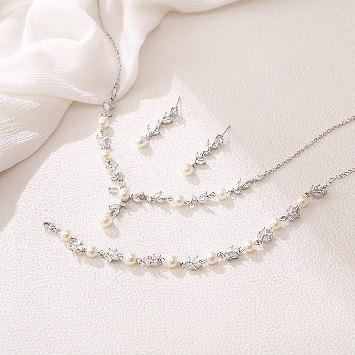 EleQueen Women's Simulated Pearl Wedding Jewelry Set, Cubic Zirconia Marquise Floral Bridal Necklace Earrings Bracelet Sets