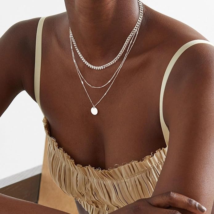 Layered Silver Necklace for Women Trendy Silver Plated Dainty Stackable Necklace Set Cuban Paperclip Herringbone Link Chain Coin/Cross/diamond/Mobius Pendant Necklaces Fashion Accessories Jewelry Gift