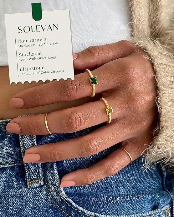 SOLEVAN Birthstone Gold Rings for Women Non Tarnish 14K Gold Plated Stackable Cubic Zirconia Thumb Rings Dainty Cute Emerald Eternity Band Pinky Ring Engagement Wedding Promise Rings Jewelry Gifts