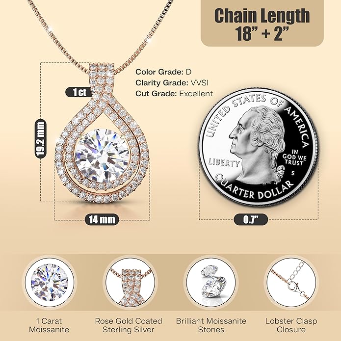 Platinum Plated Certified Moissanite Necklace for Women Gift for Her