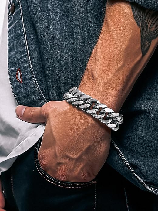Richsteel Cuban Link Chain Bracelets 8/12/17mm Width Stainless Steel Chain Wrist Bracelets for Men, 7.4/8.2/9 Inch Length Classic Jewelry for Christmas/Valentine's Day/Birthday