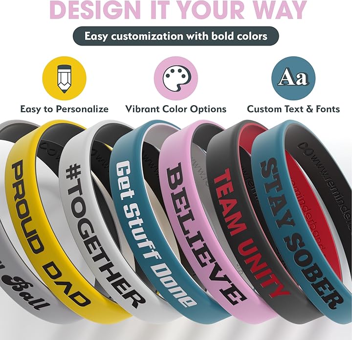 Reminderband Custom 100% Silicone Luxe Wristbands – Personalized Motivational Bracelets, Bulk Rubber Bands for Events, Fundraisers, Awareness, Gifts - Hypoallergenic Bands