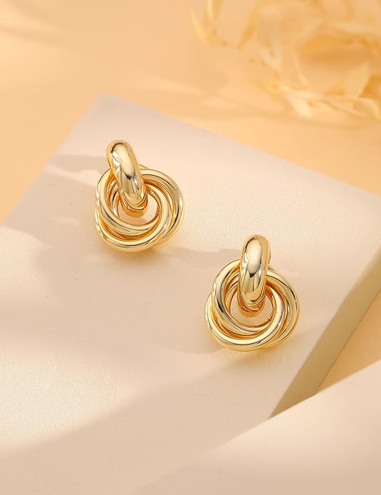 14K Gold Plated Knot Statement Earrings for Women Hypoallergenic Chunky Drop Dangle Earrings - Lightweight Fashion Accessories Gold Jewelry Gifts for Womens Trendy