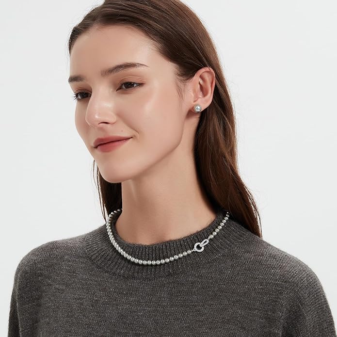 Pearl Necklace 18 inch and Pearl Earrings Studs, Lustrous Gorgeous Imitated Silver/White Pearls Jewelry Set For Women