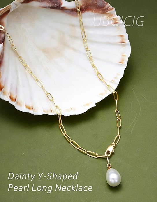 UBGICIG Honeycomb Layered Pendant Necklaces for Women Stackable, Dainty Y-Shaped Lariat Paperclip Pearl Heart Necklace, 16K Gold Silver Plated Long Necklaces Women's Trendy Drop Chain Necklace Jewelry