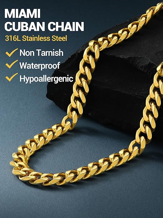 PROSTEEL Miami Cuban Link Chain for Men, 18K Gold/Black/Stainless Steel Necklace,6mm/9mm/12mm Width, Upgrade Clasp & Durable Chain for Mens Womens Jewelry,18"-30",with Gift Box