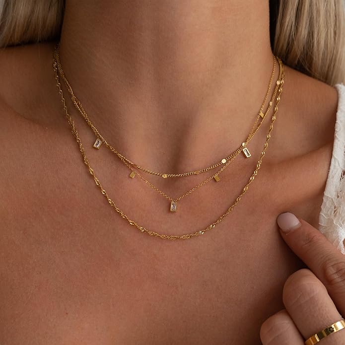 Layered Necklaces for Women, Dainty Gold Necklace Stack 14k Gold Plated Layering Cubic Zirconia Choker Necklaces for Women Trendy Simple Layered Gold Necklace Set Fashion Jewelry