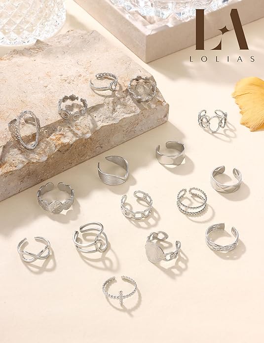 LOLIAS 16Pcs Stainless Steel Rings for Women Chunky Silver Rings Non Tarnish Stackable Ring Open Adjustable Thumb Finger Statement Rings Set
